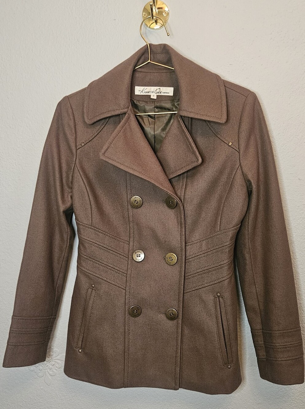 Kenneth Cole NY Corset Waist Wool Peacoat Brown Size 2 Hourglass Coat